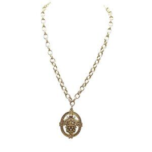 Vintage Heraldic Crest Medallion Pendant Necklace with Ornate Chain